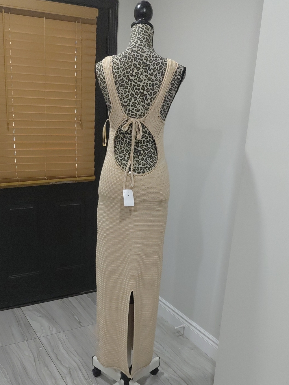 Torn by Ronny Kobo Beige Backless Knit Midi Dress